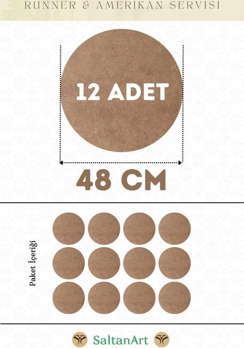 48 cm Çap 12 Adet Supla Amerikan Servis Runner MDF Duralit Magnet Altı Ahşap 3 mm (2,7 mm) Kalınlık