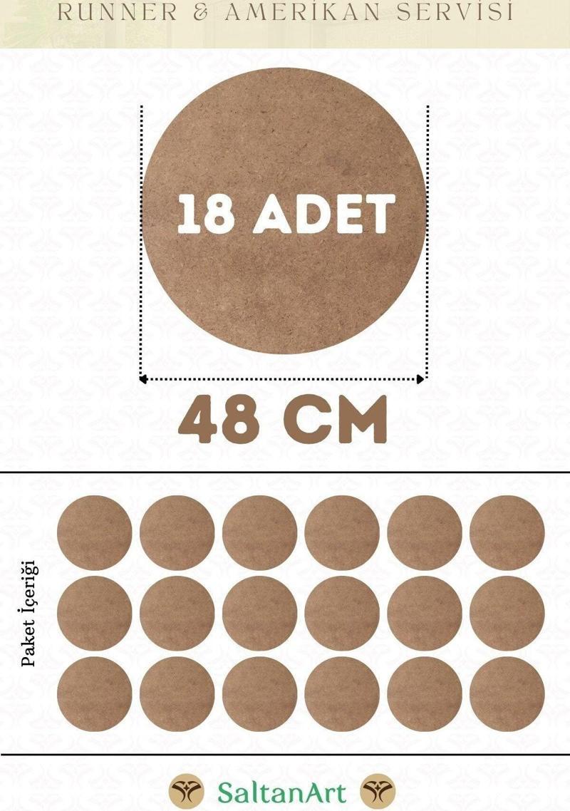 48 cm Çap 18 Adet Supla Amerikan Servis Runner MDF Duralit Magnet Altı Ahşap 3 mm (2,7 mm) Kalınlık