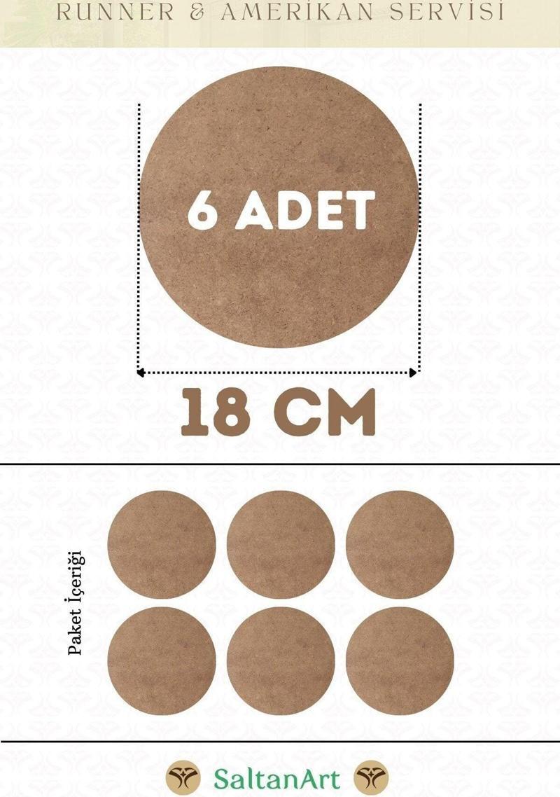 18 cm Çap 6 Adet Supla Amerikan Servis Runner MDF Duralit Magnet Altı Ahşap 3 mm (2,7 mm) Kalınlık