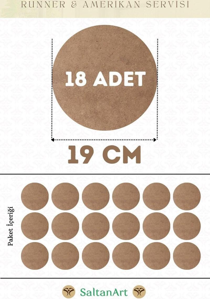 19 cm Çap 18 Adet Supla Amerikan Servis Runner MDF Duralit Magnet Altı Ahşap 3 mm (2,7 mm) Kalınlık