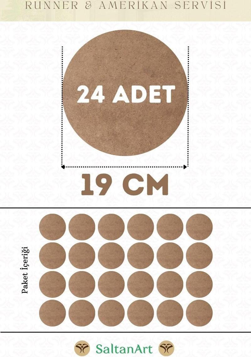 19 cm Çap 24 Adet Supla Amerikan Servis Runner MDF Duralit Magnet Altı Ahşap 3 mm (2,7 mm) Kalınlık