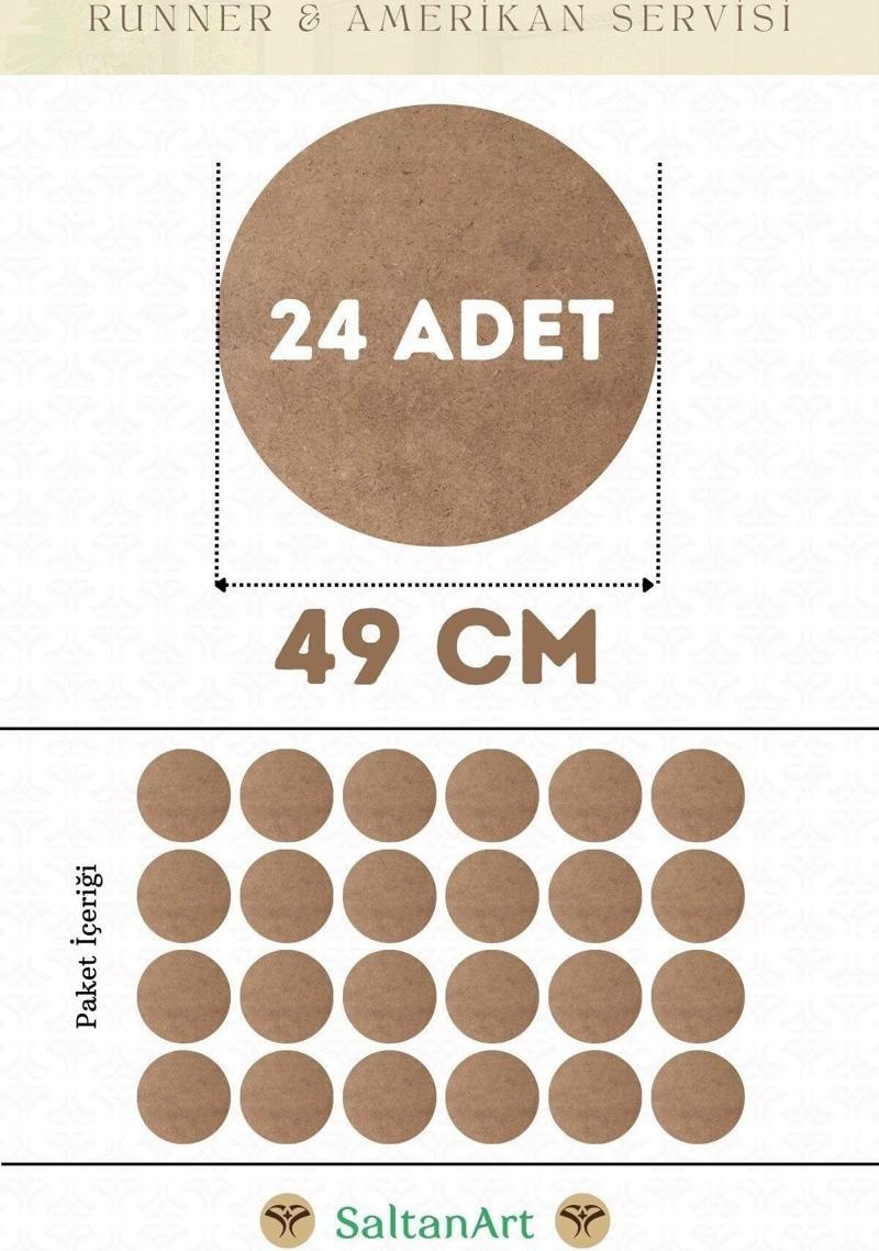 49 cm Çap 24 Adet Supla Amerikan Servis Runner MDF Duralit Magnet Altı Ahşap 3 mm (2,7 mm) Kalınlık