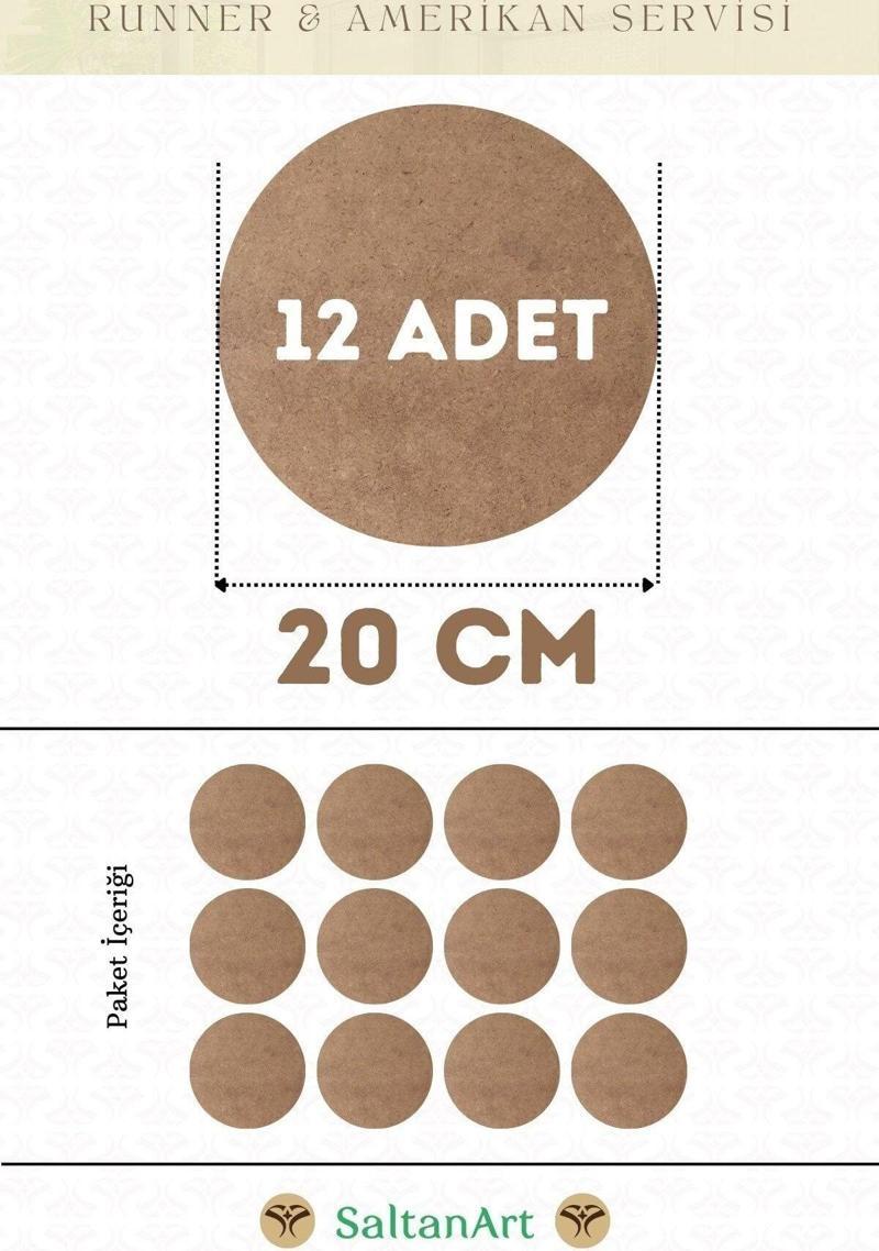 20 cm Çap 12 Adet Supla Amerikan Servis Runner MDF Duralit Magnet Altı Ahşap 3 mm (2,7 mm) Kalınlık