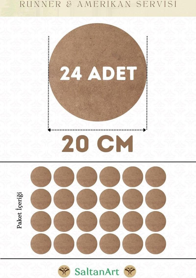 20 cm Çap 24 Adet Supla Amerikan Servis Runner MDF Duralit Magnet Altı Ahşap 3 mm (2,7 mm) Kalınlık