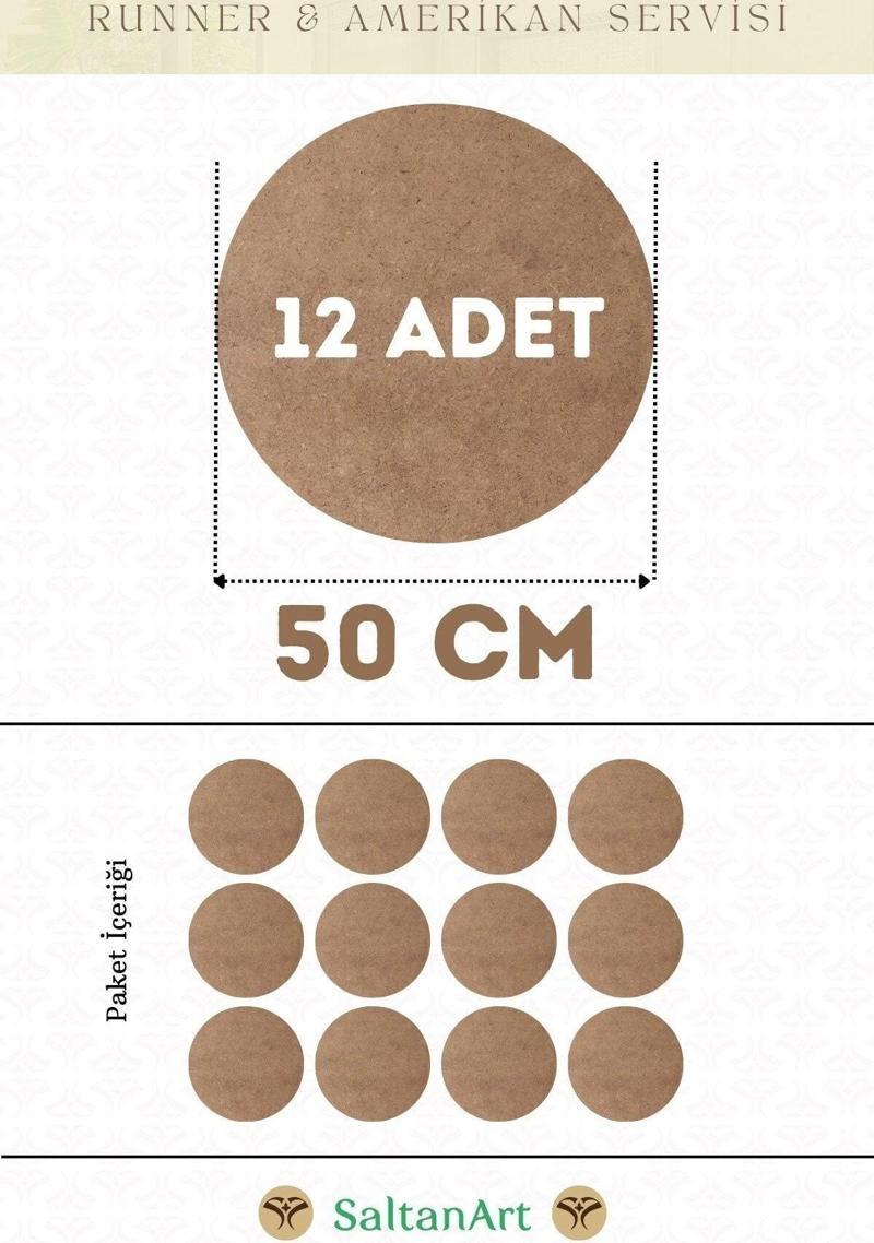 50 cm Çap 12 Adet Supla Amerikan Servis Runner MDF Duralit Magnet Altı Ahşap 3 mm (2,7 mm) Kalınlık