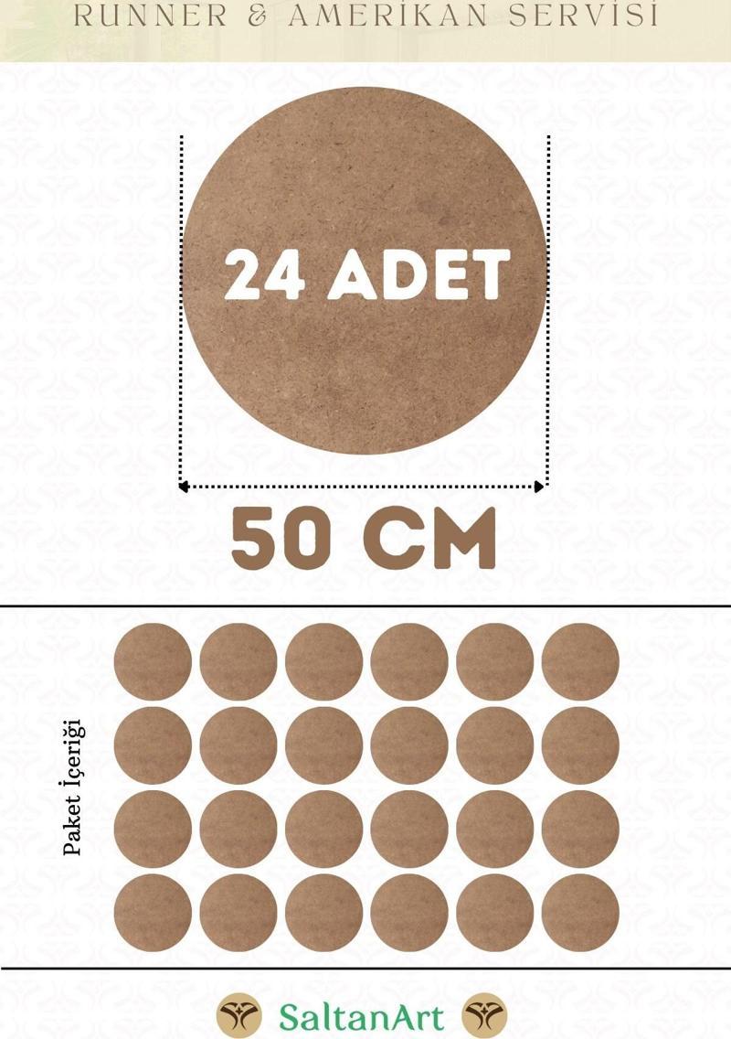 50 cm Çap 24 Adet Supla Amerikan Servis Runner MDF Duralit Magnet Altı Ahşap 3 mm (2,7 mm) Kalınlık