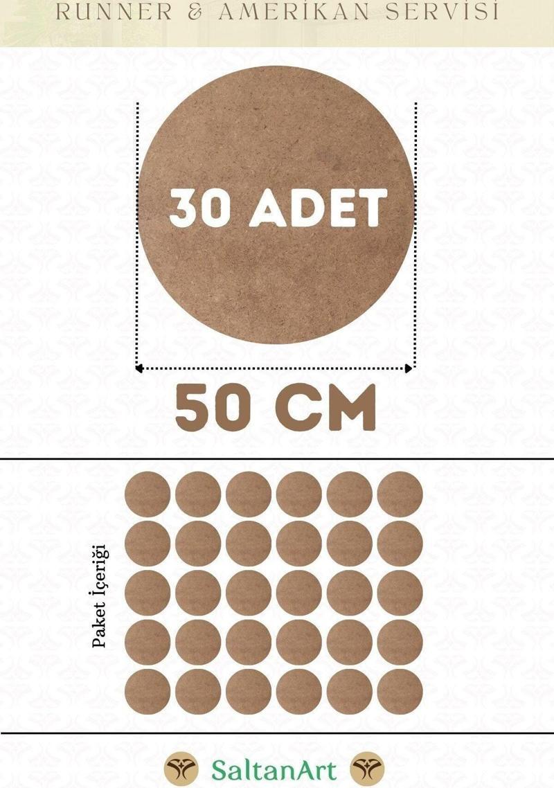 50 cm Çap 30 Adet Supla Amerikan Servis Runner MDF Duralit Magnet Altı Ahşap 3 mm (2,7 mm) Kalınlık