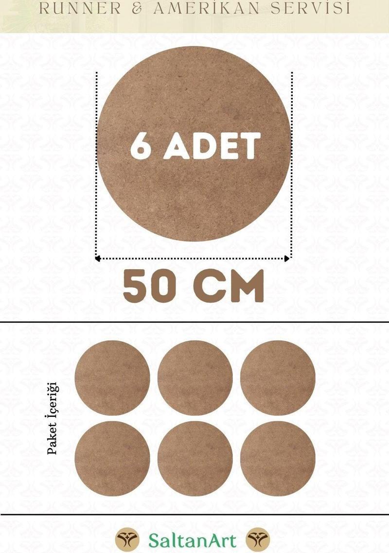 50 cm Çap 6 Adet Supla Amerikan Servis Runner MDF Duralit Magnet Altı Ahşap 3 mm (2,7 mm) Kalınlık