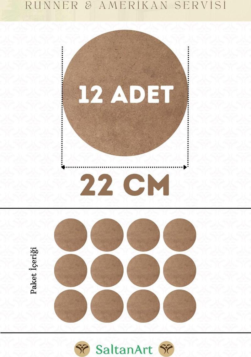 22 cm Çap 12 Adet Supla Amerikan Servis Runner MDF Duralit Magnet Altı Ahşap 3 mm (2,7 mm) Kalınlık