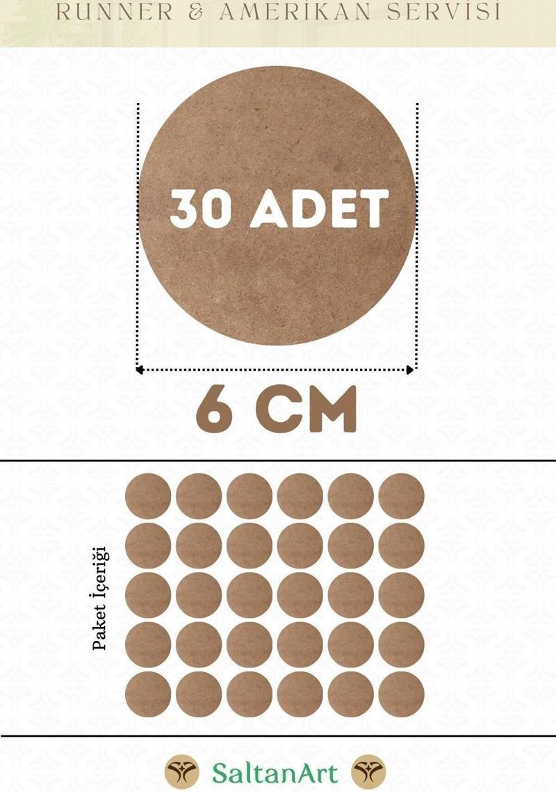 6 cm Çap 30 Adet Supla Amerikan Servis Runner MDF Duralit Magnet Altı Ahşap 3 mm (2,7 mm) Kalınlık