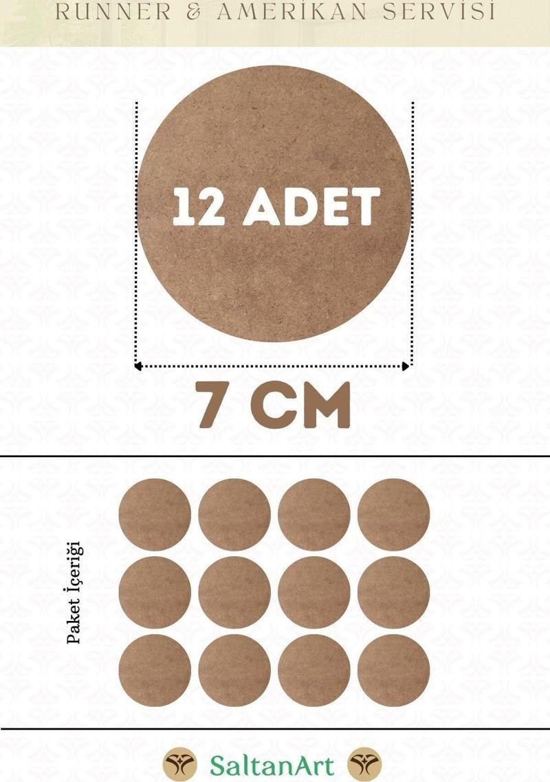 7 cm Çap 12 Adet Supla Amerikan Servis Runner MDF Duralit Magnet Altı Ahşap 3 mm (2,7 mm) Kalınlık