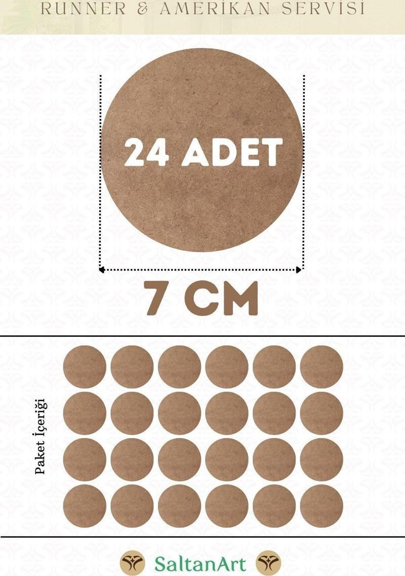 7 cm Çap 24 Adet Supla Amerikan Servis Runner MDF Duralit Magnet Altı Ahşap 3 mm (2,7 mm) Kalınlık