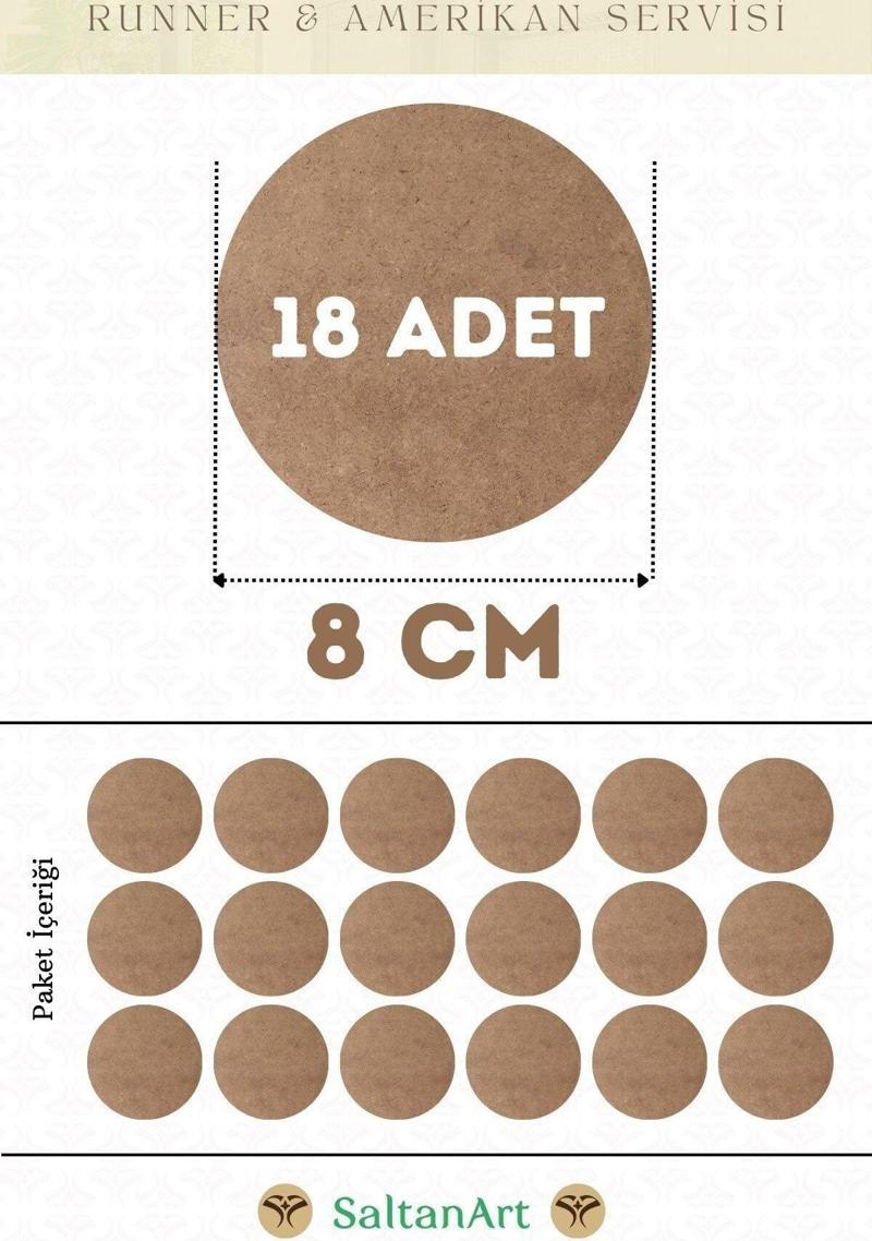 8 cm Çap 18 Adet Supla Amerikan Servis Runner MDF Duralit Magnet Altı Ahşap 3 mm (2,7 mm) Kalınlık