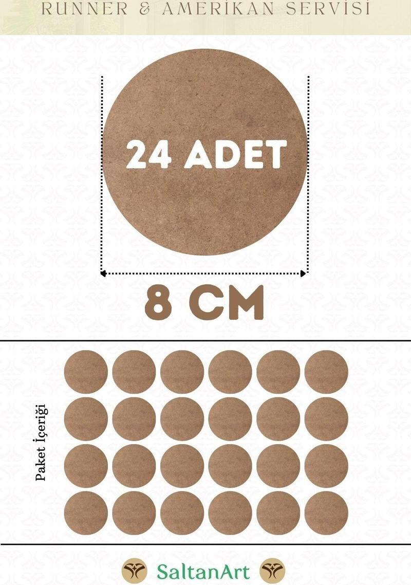 8 cm Çap 24 Adet Supla Amerikan Servis Runner MDF Duralit Magnet Altı Ahşap 3 mm (2,7 mm) Kalınlık