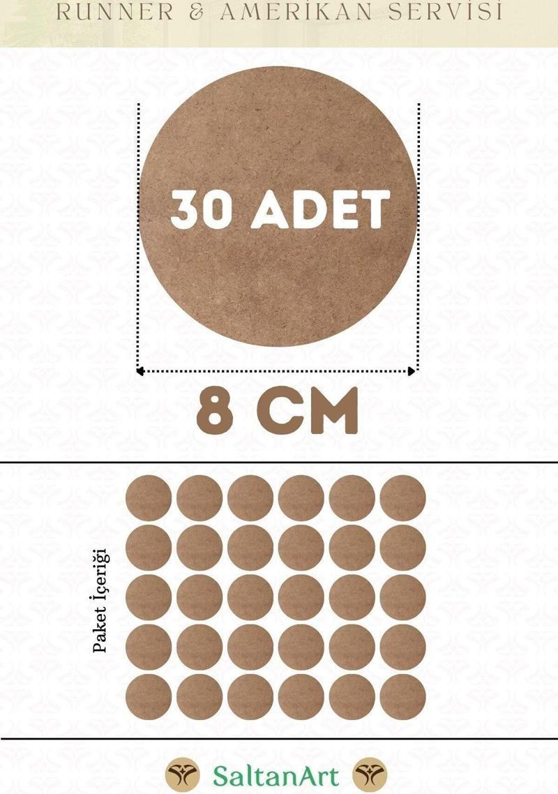 8 cm Çap 30 Adet Supla Amerikan Servis Runner MDF Duralit Magnet Altı Ahşap 3 mm (2,7 mm) Kalınlık