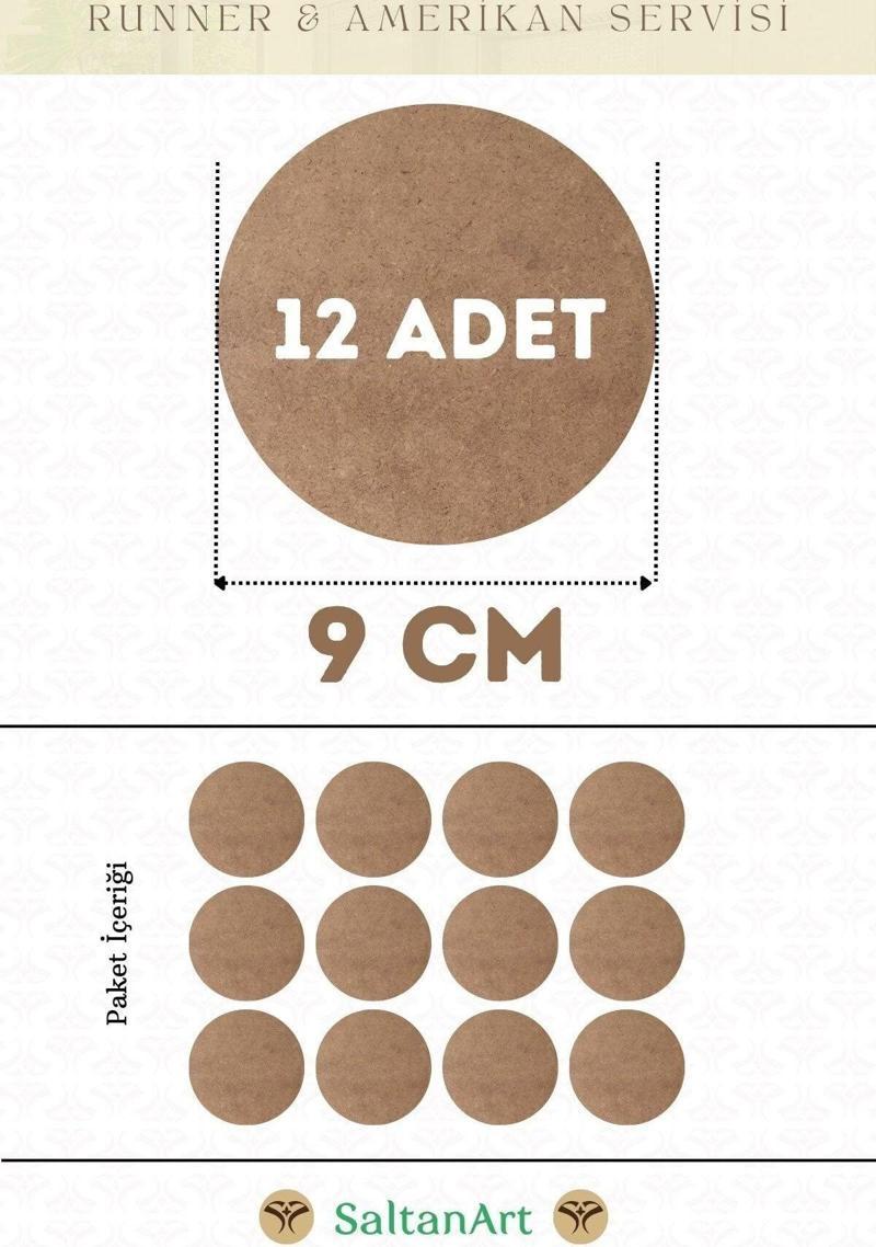 9 cm Çap 12 Adet Supla Amerikan Servis Runner MDF Duralit Magnet Altı Ahşap 3 mm (2,7 mm) Kalınlık