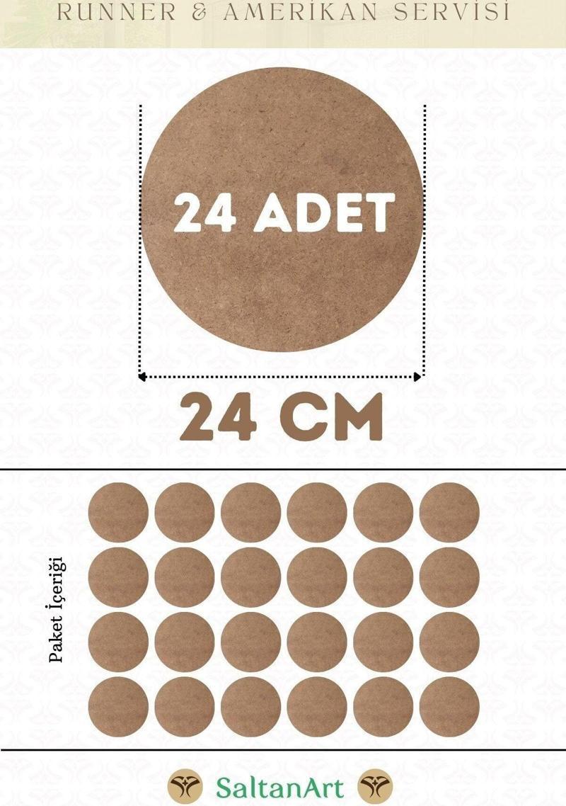 24 cm Çap 24 Adet Supla Amerikan Servis Runner MDF Duralit Magnet Altı Ahşap 3 mm (2,7 mm) Kalınlık