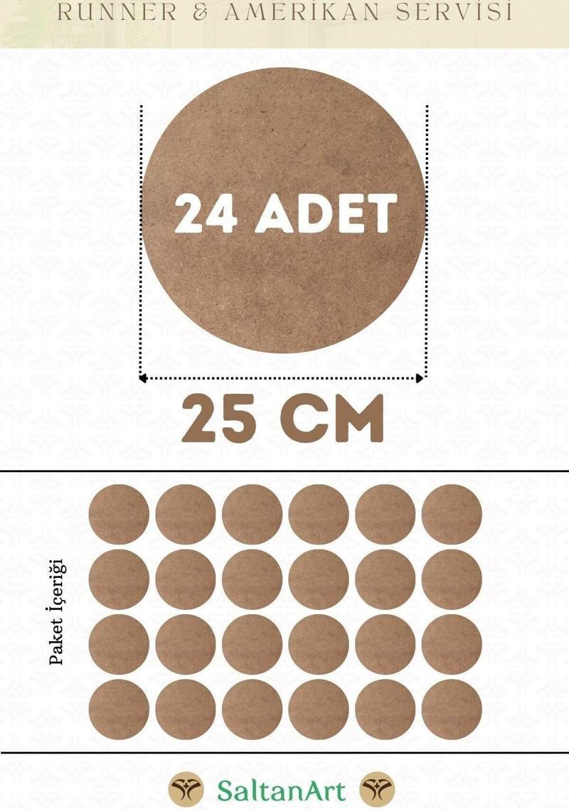 25 cm Çap 24 Adet Supla Amerikan Servis Runner MDF Duralit Magnet Altı Ahşap 3 mm (2,7 mm) Kalınlık