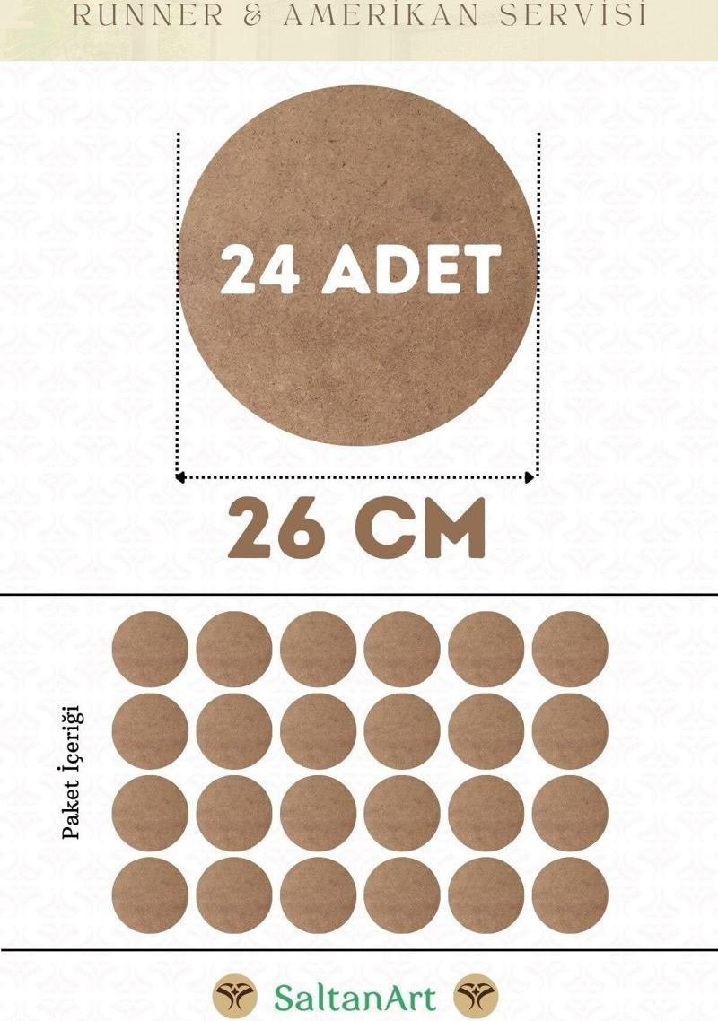 26 cm Çap 24 Adet Supla Amerikan Servis Runner MDF Duralit Magnet Altı Ahşap 3 mm (2,7 mm) Kalınlık