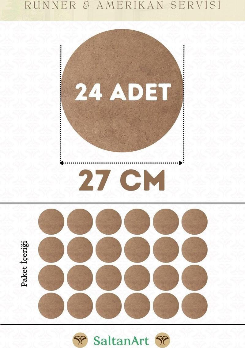 27 cm Çap 24 Adet Supla Amerikan Servis Runner MDF Duralit Magnet Altı Ahşap 3 mm (2,7 mm) Kalınlık