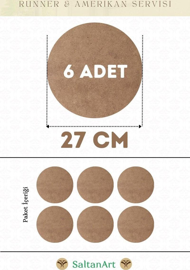 27 cm Çap 6 Adet Supla Amerikan Servis Runner MDF Duralit Magnet Altı Ahşap 3 mm (2,7 mm) Kalınlık