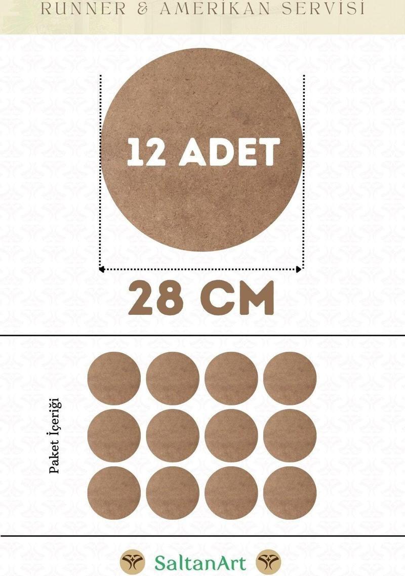 28 cm Çap 12 Adet Supla Amerikan Servis Runner MDF Duralit Magnet Altı Ahşap 3 mm (2,7 mm) Kalınlık