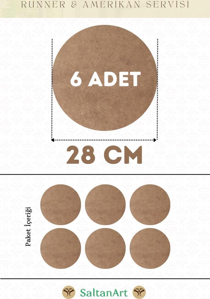 28 cm Çap 6 Adet Supla Amerikan Servis Runner MDF Duralit Magnet Altı Ahşap 3 mm (2,7 mm) Kalınlık