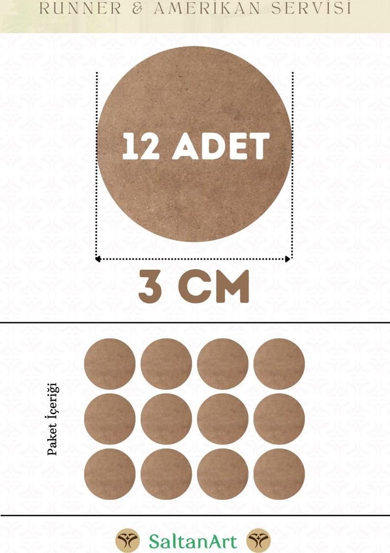 3 cm Çap 12 Adet Supla Amerikan Servis Runner MDF Duralit Magnet Altı Ahşap 3 mm (2,7 mm) Kalınlık