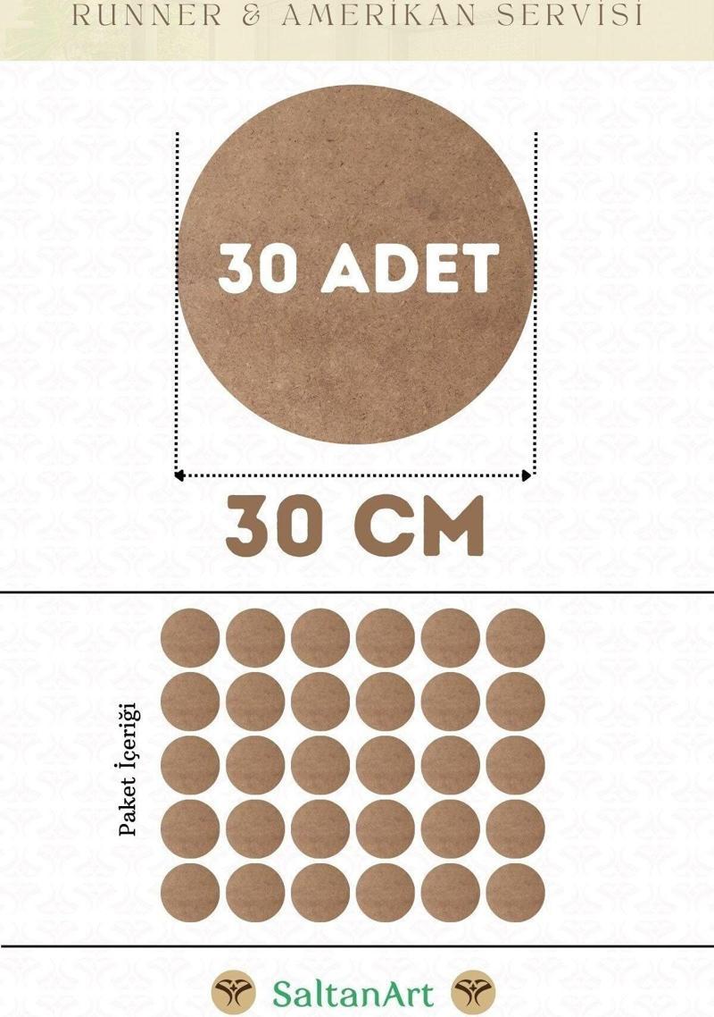 30 cm Çap 30 Adet Supla Amerikan Servis Runner MDF Duralit Magnet Altı Ahşap 3 mm (2,7 mm) Kalınlık