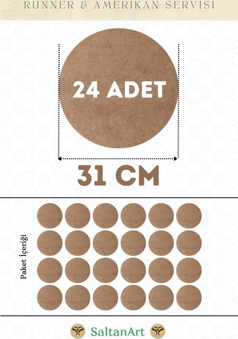 31 cm Çap 24 Adet Supla Amerikan Servis Runner MDF Duralit Magnet Altı Ahşap 3 mm (2,7 mm) Kalınlık