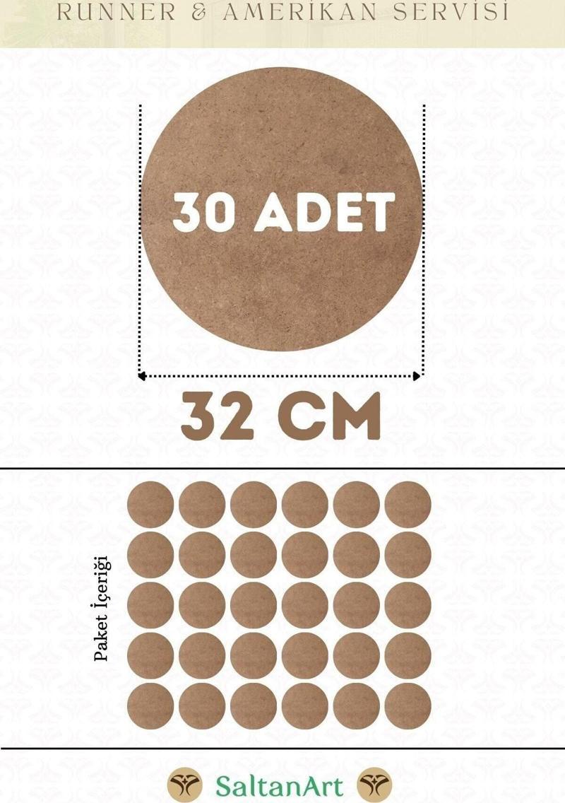 32 cm Çap 30 Adet Supla Amerikan Servis Runner MDF Duralit Magnet Altı Ahşap 3 mm (2,7 mm) Kalınlık