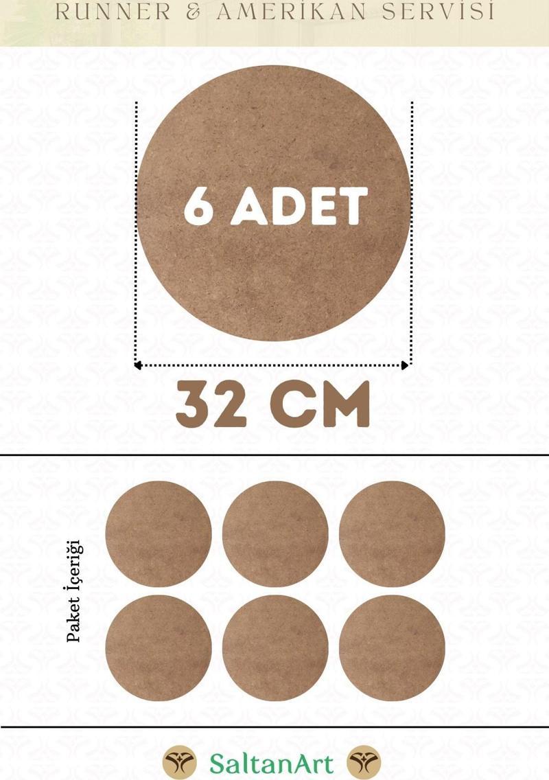 32 cm Çap 6 Adet Supla Amerikan Servis Runner MDF Duralit Magnet Altı Ahşap 3 mm (2,7 mm) Kalınlık