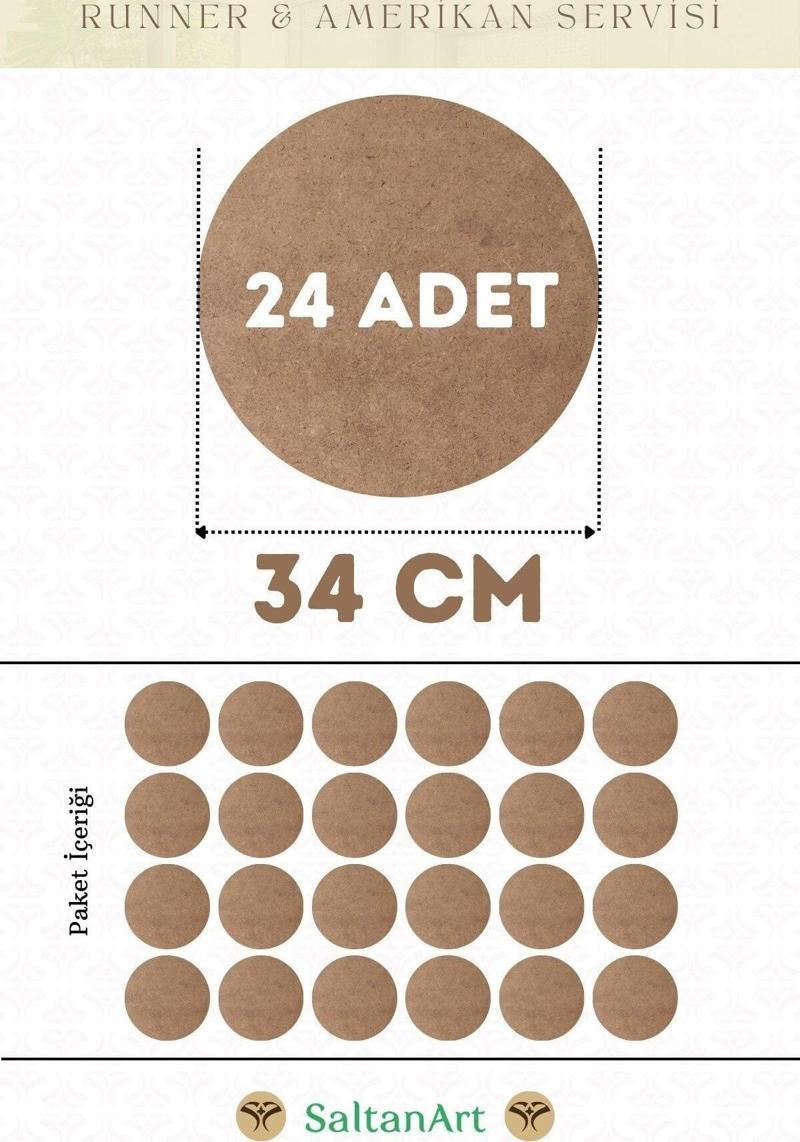 34 cm Çap 24 Adet Supla Amerikan Servis Runner MDF Duralit Magnet Altı Ahşap 3 mm (2,7 mm) Kalınlık