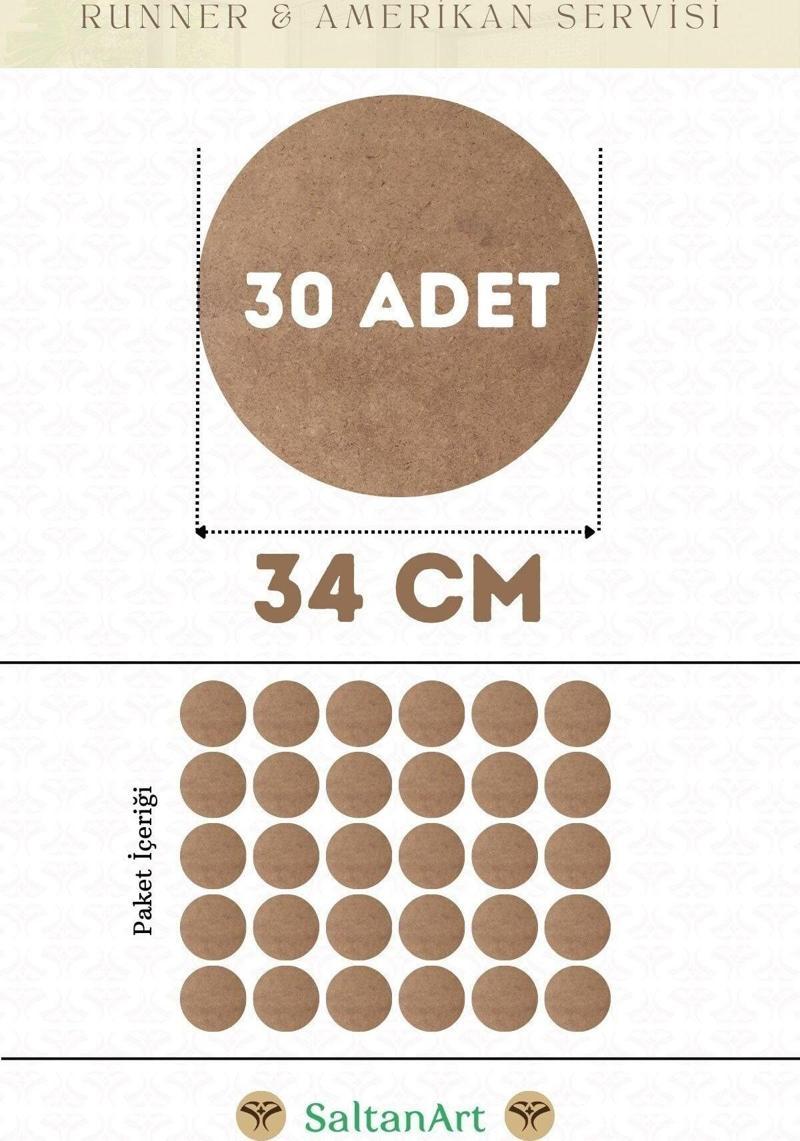 34 cm Çap 30 Adet Supla Amerikan Servis Runner MDF Duralit Magnet Altı Ahşap 3 mm (2,7 mm) Kalınlık