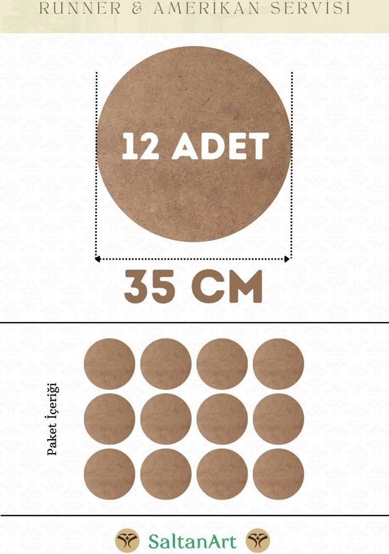 35 cm Çap 12 Adet Supla Amerikan Servis Runner MDF Duralit Magnet Altı Ahşap 3 mm (2,7 mm) Kalınlık