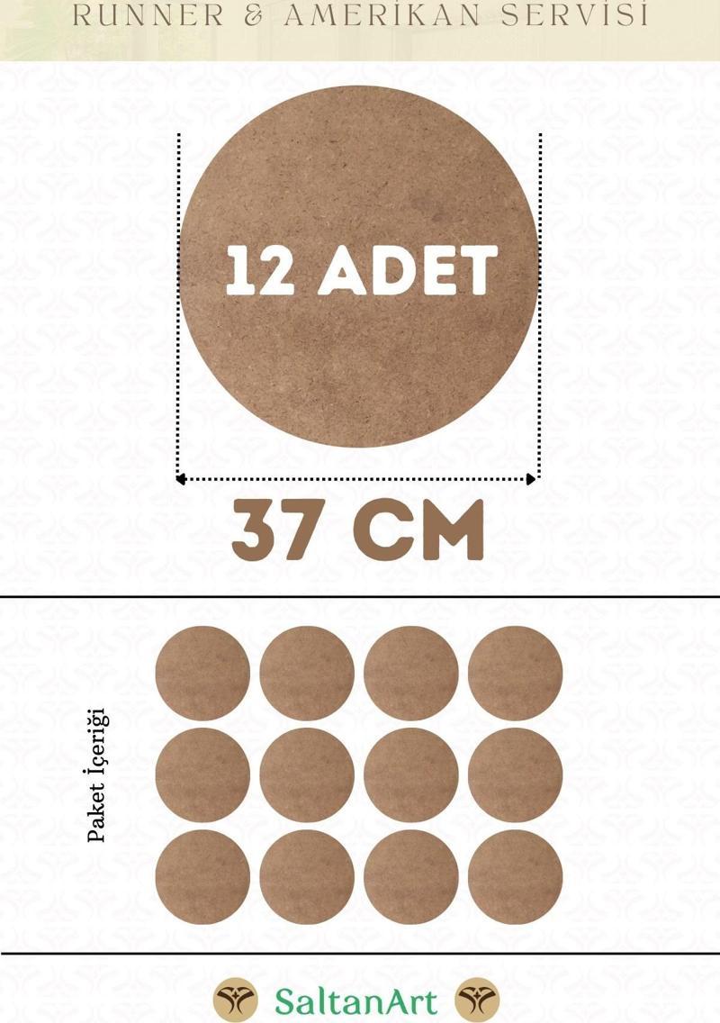 37 cm Çap 12 Adet Supla Amerikan Servis Runner MDF Duralit Magnet Altı Ahşap 3 mm (2,7 mm) Kalınlık