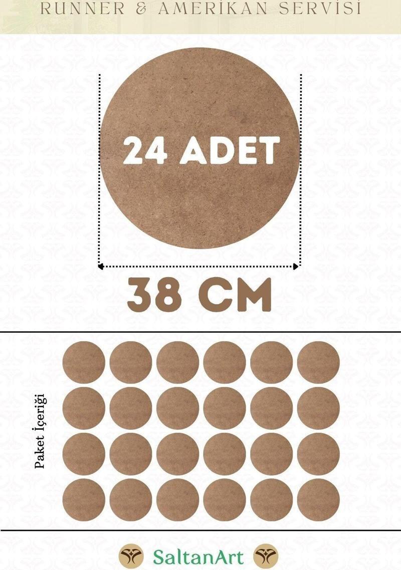 38 cm Çap 24 Adet Supla Amerikan Servis Runner MDF Duralit Magnet Altı Ahşap 3 mm (2,7 mm) Kalınlık