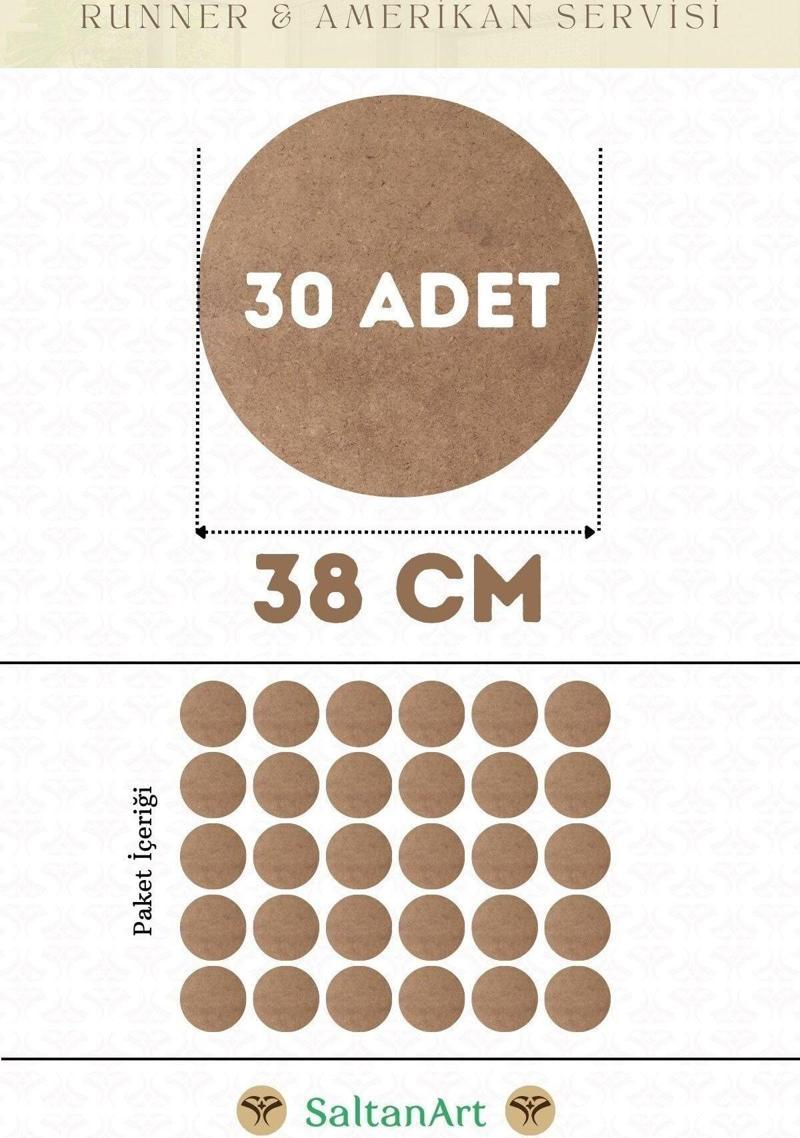 38 cm Çap 30 Adet Supla Amerikan Servis Runner MDF Duralit Magnet Altı Ahşap 3 mm (2,7 mm) Kalınlık