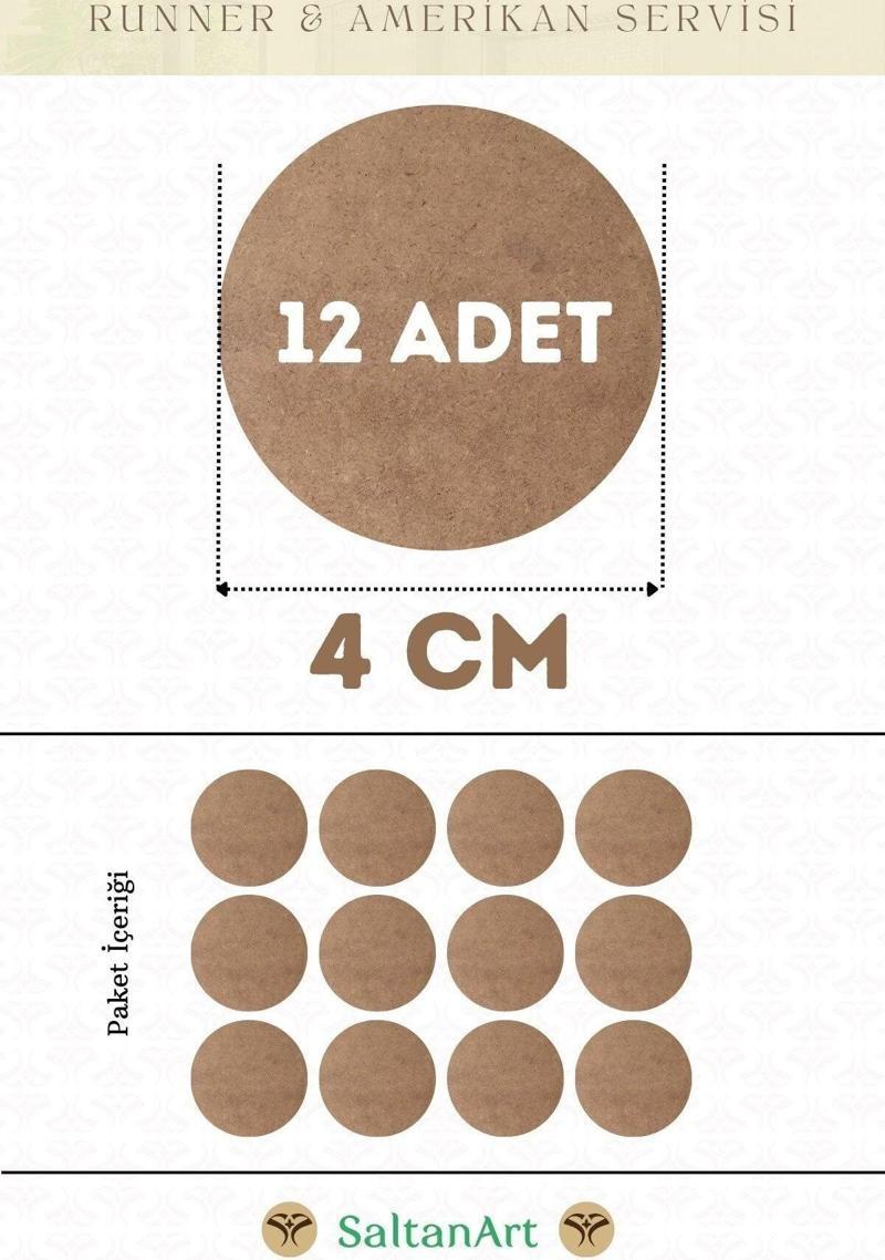 4 cm Çap 12 Adet Supla Amerikan Servis Runner MDF Duralit Magnet Altı Ahşap 3 mm (2,7 mm) Kalınlık