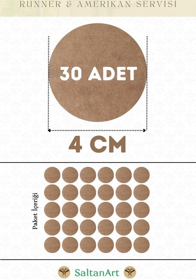 4 cm Çap 30 Adet Supla Amerikan Servis Runner MDF Duralit Magnet Altı Ahşap 3 mm (2,7 mm) Kalınlık