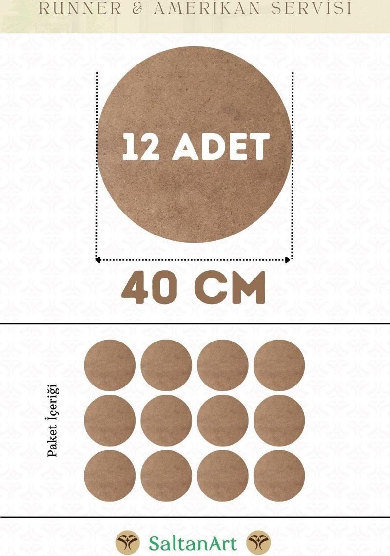 40 cm Çap 12 Adet Supla Amerikan Servis Runner MDF Duralit Magnet Altı Ahşap 3 mm (2,7 mm) Kalınlık