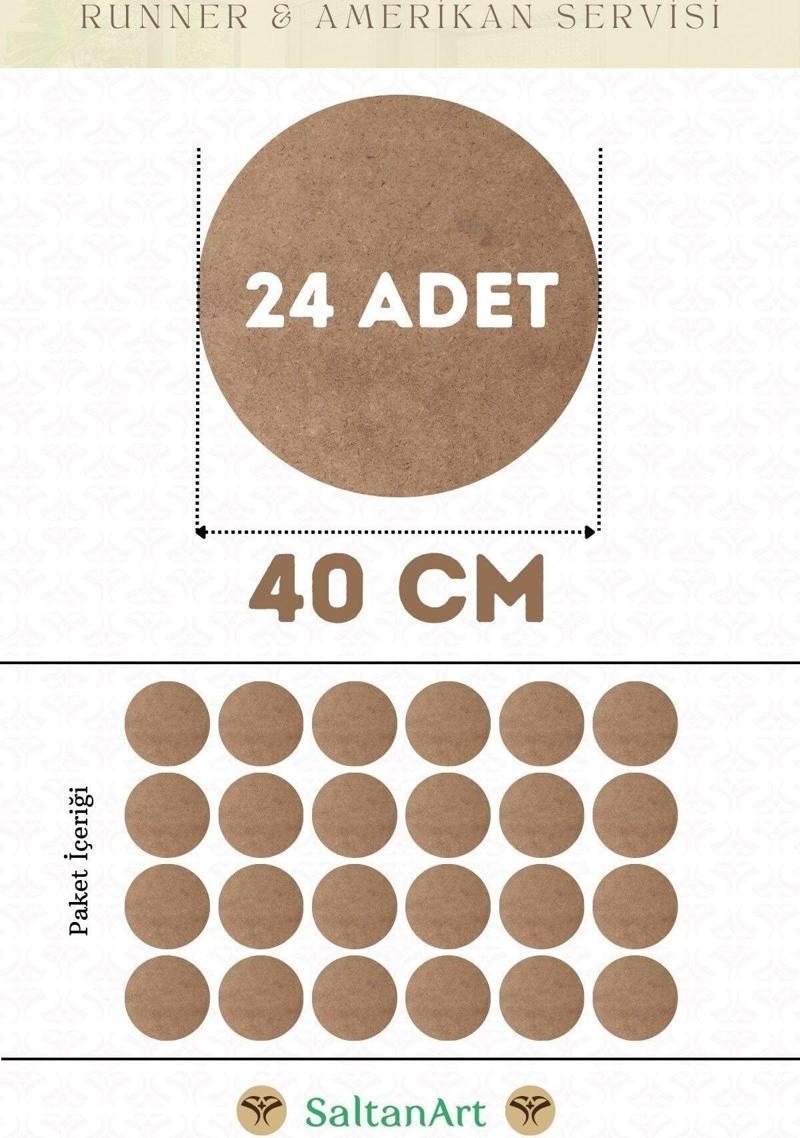 40 cm Çap 24 Adet Supla Amerikan Servis Runner MDF Duralit Magnet Altı Ahşap 3 mm (2,7 mm) Kalınlık