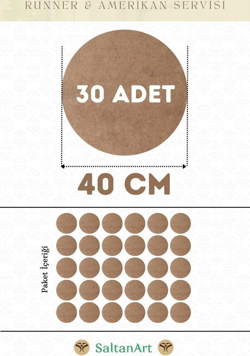 40 cm Çap 30 Adet Supla Amerikan Servis Runner MDF Duralit Magnet Altı Ahşap 3 mm (2,7 mm) Kalınlık