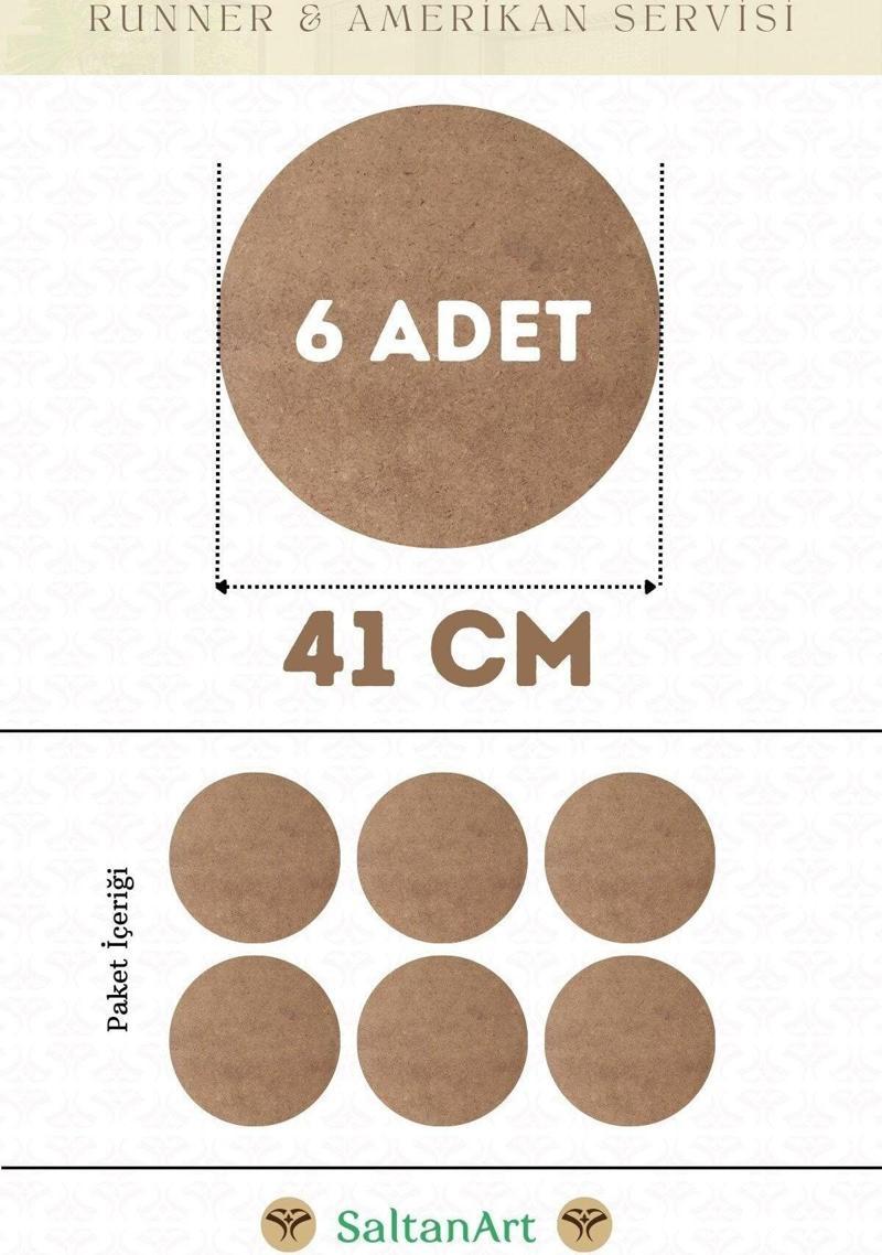 41 cm Çap 6 Adet Supla Amerikan Servis Runner MDF Duralit Magnet Altı Ahşap 3 mm (2,7 mm) Kalınlık