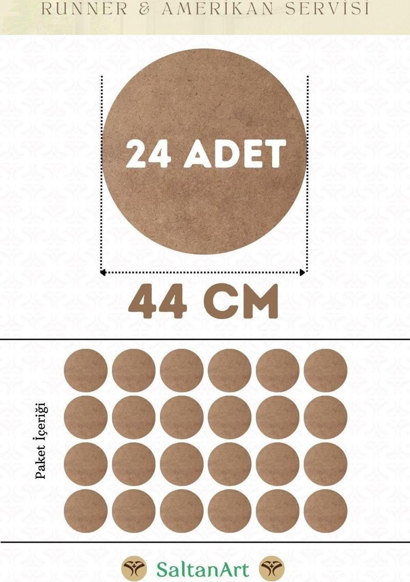 44 cm Çap 24 Adet Supla Amerikan Servis Runner MDF Duralit Magnet Altı Ahşap 3 mm (2,7 mm) Kalınlık