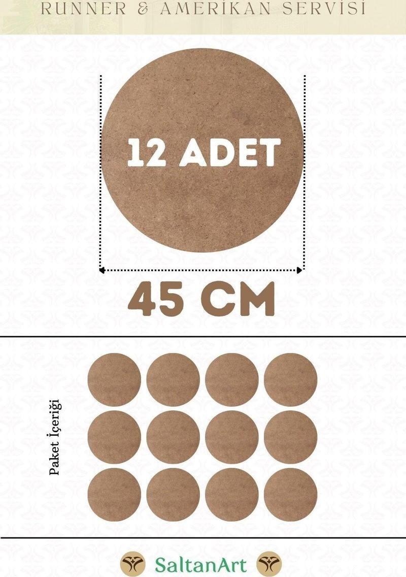 45 cm Çap 12 Adet Supla Amerikan Servis Runner MDF Duralit Magnet Altı Ahşap 3 mm (2,7 mm) Kalınlık