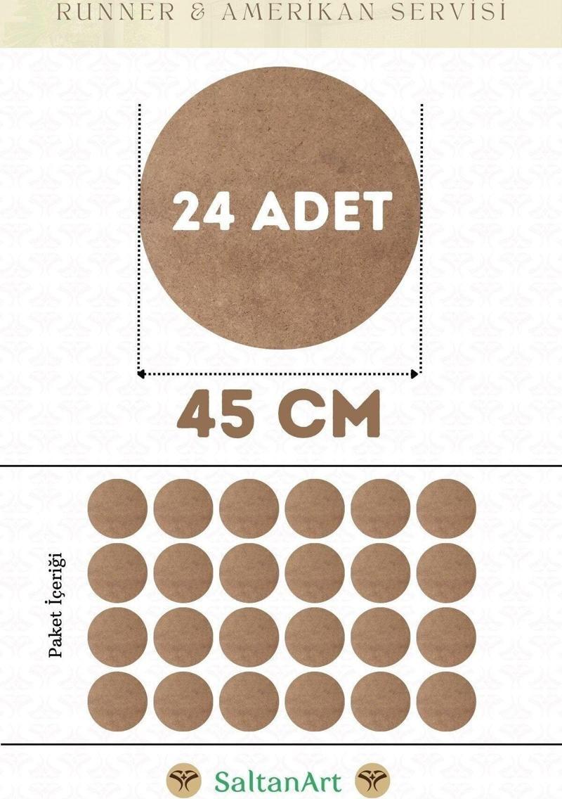 45 cm Çap 24 Adet Supla Amerikan Servis Runner MDF Duralit Magnet Altı Ahşap 3 mm (2,7 mm) Kalınlık