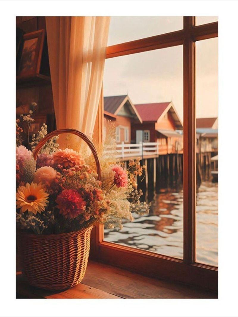 Pencere Kenarındaki Çiçek Sepeti Dekoratif Mdf Tablo 35 cm x 50 cm