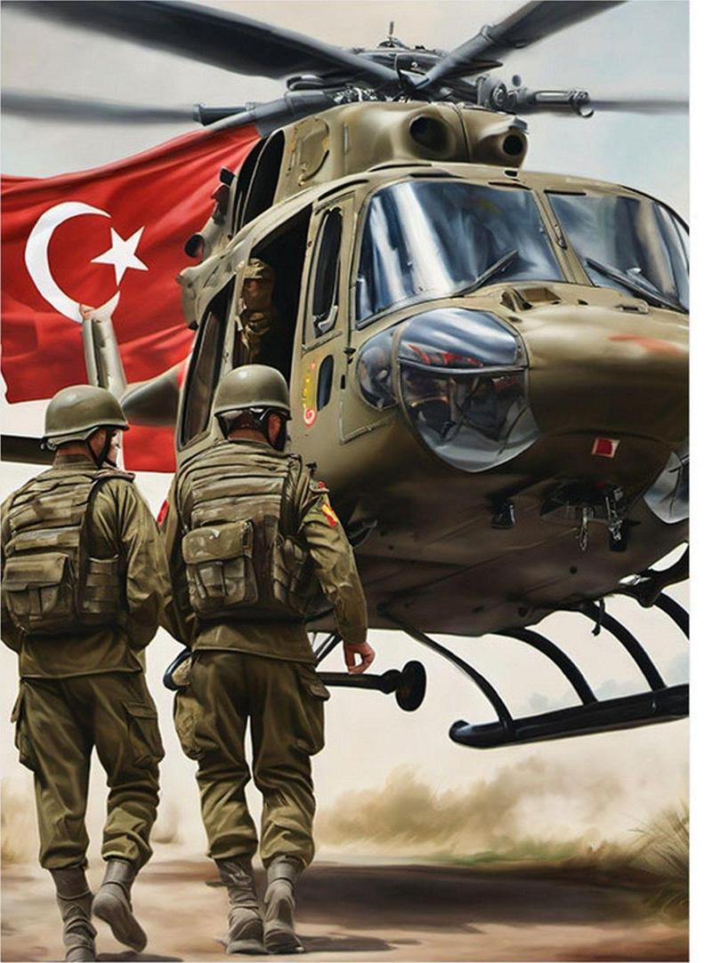 Helikoptere Binen Türk Askerleri Desenli Ahşap Tablo 35 cm x 50 cm