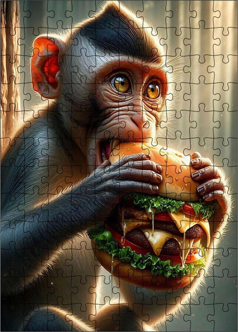 Ahşap Mdf Puzzle Yapboz Hamburger Yiyen Maymun 120 Parça 25 x 35 cm